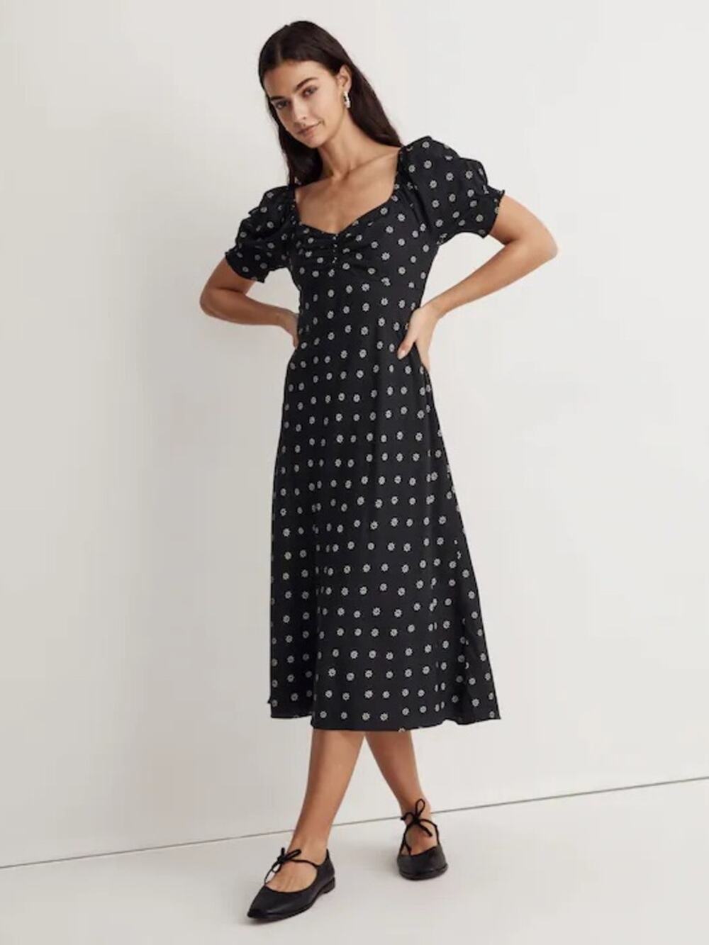 Madewell Sweetheart Puff-Sleeve Midi Dress in Black Stardot Size 2 Cottagecore
